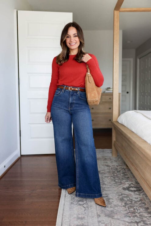 Brooke petite style blogger of Pumps and Push-Ups in Gap Stride Wide Leg Jeans petite 24 with a trouser-style fit, styled with heeled boots for elongating petite legs.