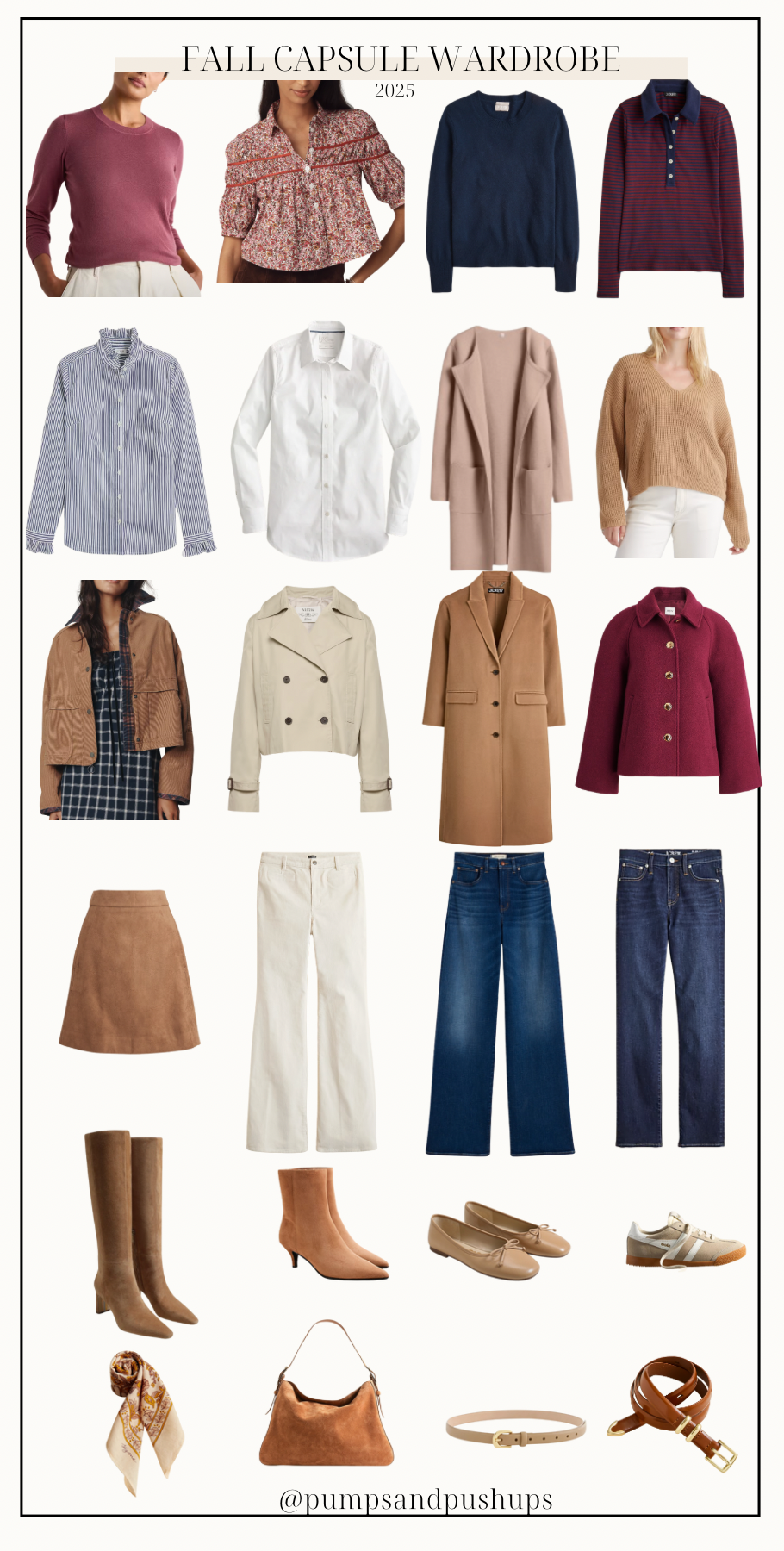 Brooke of Pumps and Push-Ups fall capsule wardrobe for petites with 26 pieces in burgundy, navy, tan, and cream styled into 30 outfits.