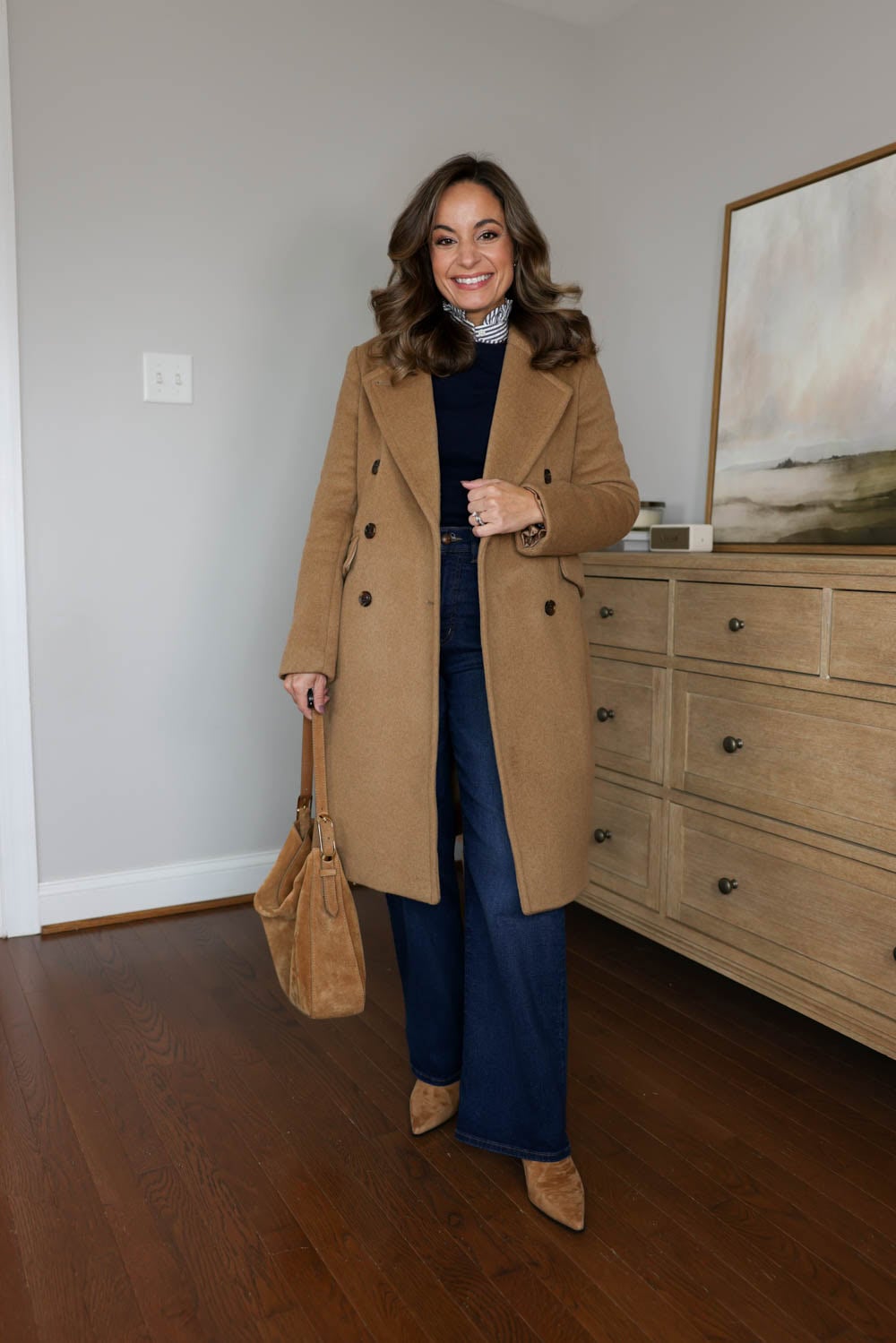Petite fall capsule wardrobe styled by Brooke of Pumps and Push-Ups with 30 outfits made from 26 pieces in burgundy, navy, tan, and cream.