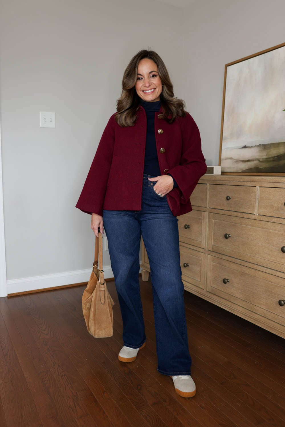 Petite fall capsule wardrobe styled by Brooke of Pumps and Push-Ups with 30 outfits made from 26 pieces in burgundy, navy, tan, and cream.