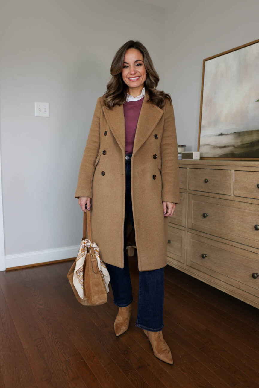 Petite fall capsule wardrobe styling Quince Bella Straight Jeans eight ways with sweaters, coats, and boots.