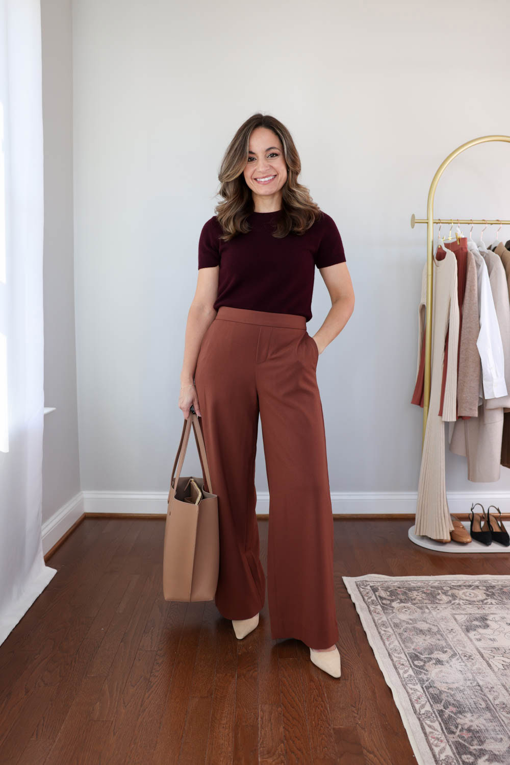 Fall workwear capsule wardrobe for petites | fall outfit ideas for work with auburn wide leg pants | petite-friendly wide leg pants