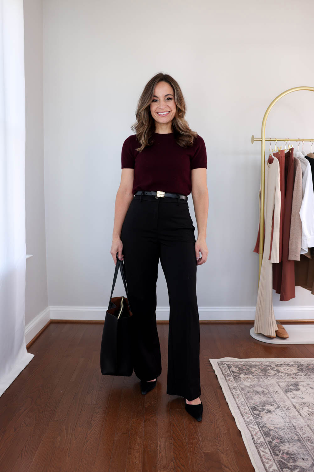 Classic petite office outfit from the Fall 2025 Workwear Capsule Wardrobe with black wide leg pants | fall outfits for work | petite-friendly outfits for work | wide leg trousers for petites