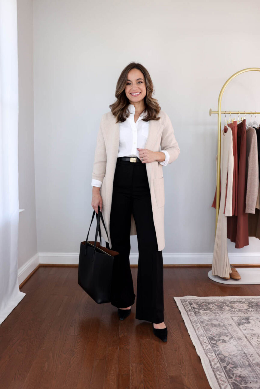 Classic petite office outfit from the Fall 2025 Workwear Capsule Wardrobe with black wide leg pants | fall outfits for work | petite-friendly outfits for work | wide leg trousers for petites
