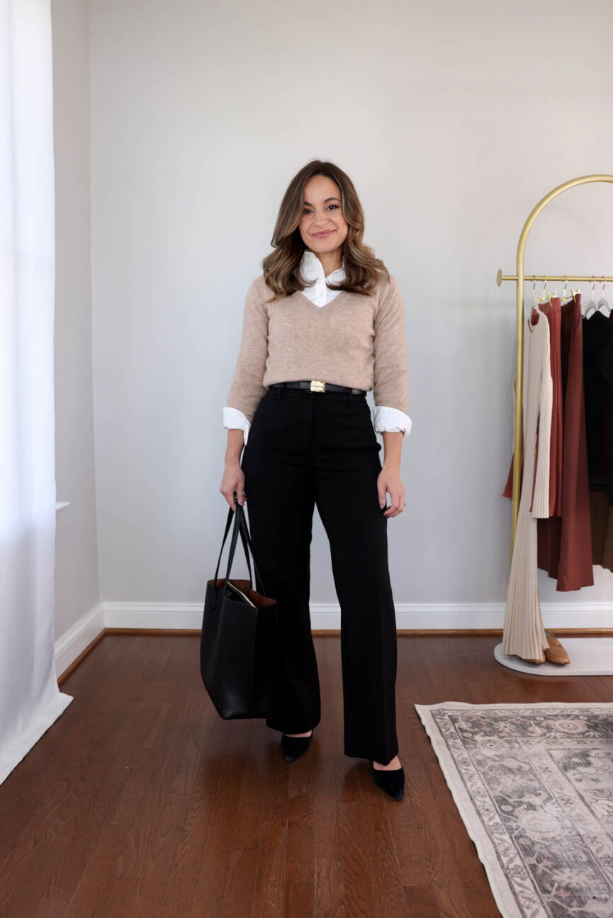 Petite workwear capsule wardrobe for fall with 30+ outfit ideas styled by Brooke of Pumps and Push-Ups — versatile petite office outfits for business and casual work settings.