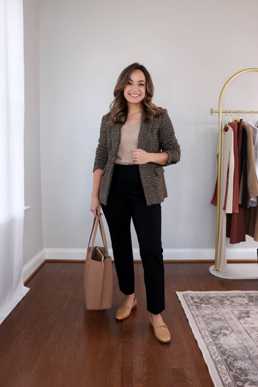 Petite workwear capsule wardrobe for fall with 30+ outfit ideas styled by Brooke of Pumps and Push-Ups — versatile petite office outfits for business and casual work settings.