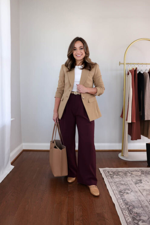 Outfit idea with purple wide leg trousers for work | fall workwear outfit | petite-friendly fall workwear capsule wardrobe | outfits for work