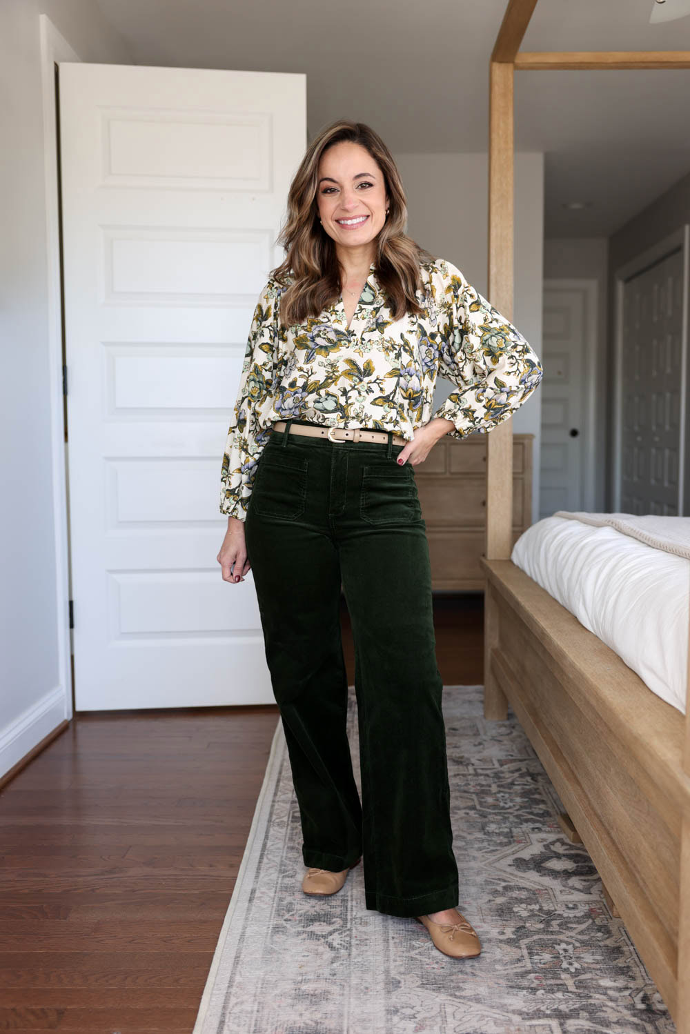 Petite-friendly casual workwear outfit with corduroy pants and a printed top | business casual fall outfit 