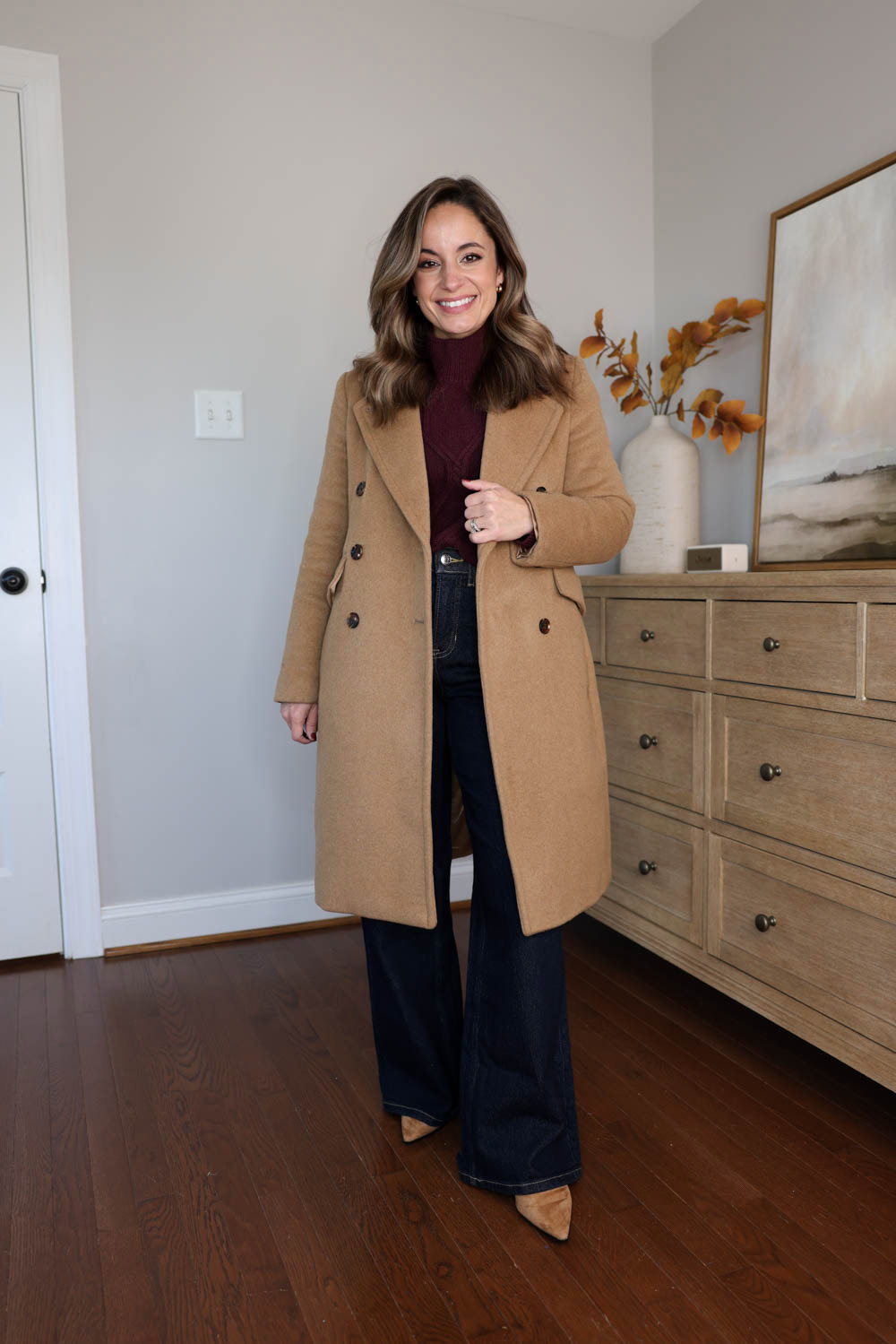 Brooke of Pumps and Push-Ups wearing a petite-friendly Timeless Topcoat in Petite XXS — a classic wool-blend winter coat that falls below the knee, styled in neutral tones for chic fall and winter petite outfit ideas.