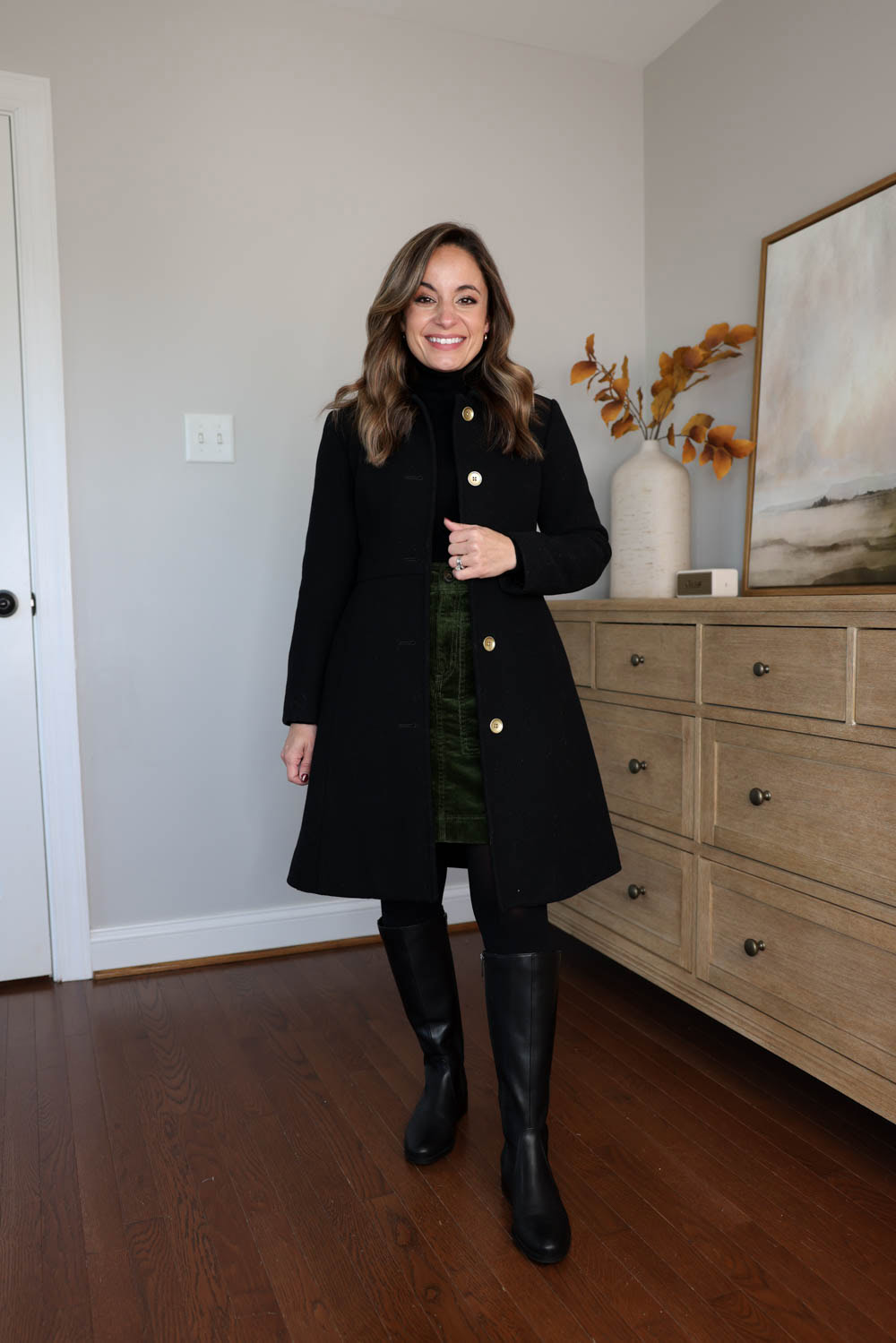 Brooke of Pumps and Push-Ups wearing the J.Crew Factory Lady Day Coat — a slim, tailored petite-friendly wool-blend coat styled for dressy winter outfits and polished cold-weather looks.