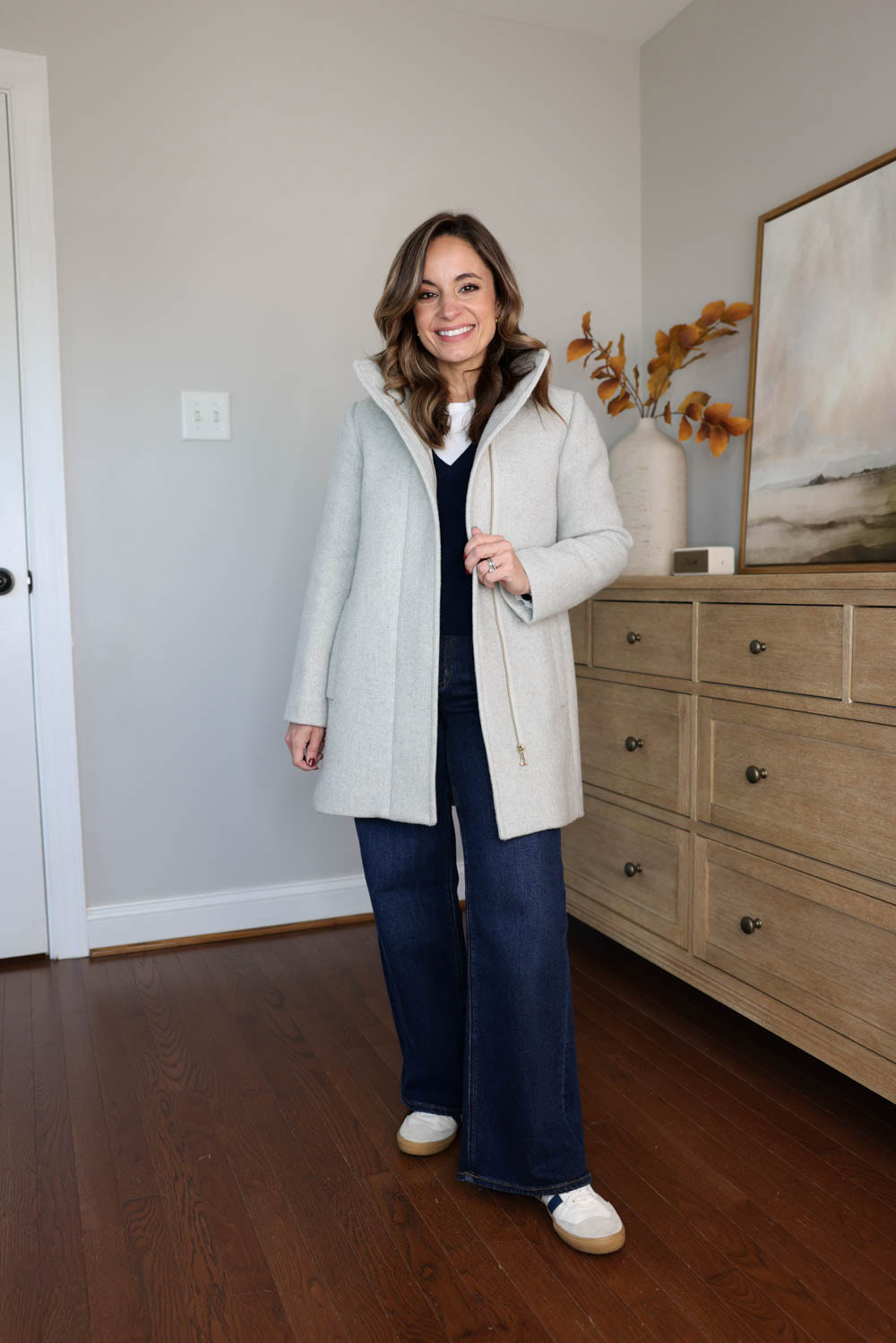 Brooke of Pumps and Push-Ups wearing the J.Crew Factory City Coat — a classic cocoon-style petite-friendly wool coat with zipper closure and stand collar, styled for casual fall and winter outfits.
