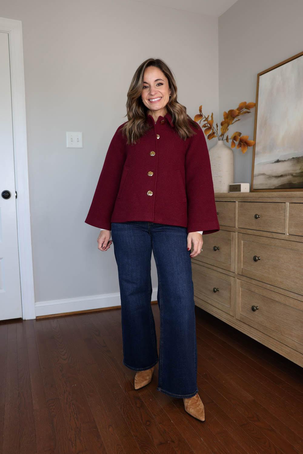 Brooke of Pumps and Push-Ups wearing the J.Crew Factory Swing Coat — a cropped petite-friendly wool-blend coat with a swing silhouette, styled in rich fall colors for mild-weather layering.