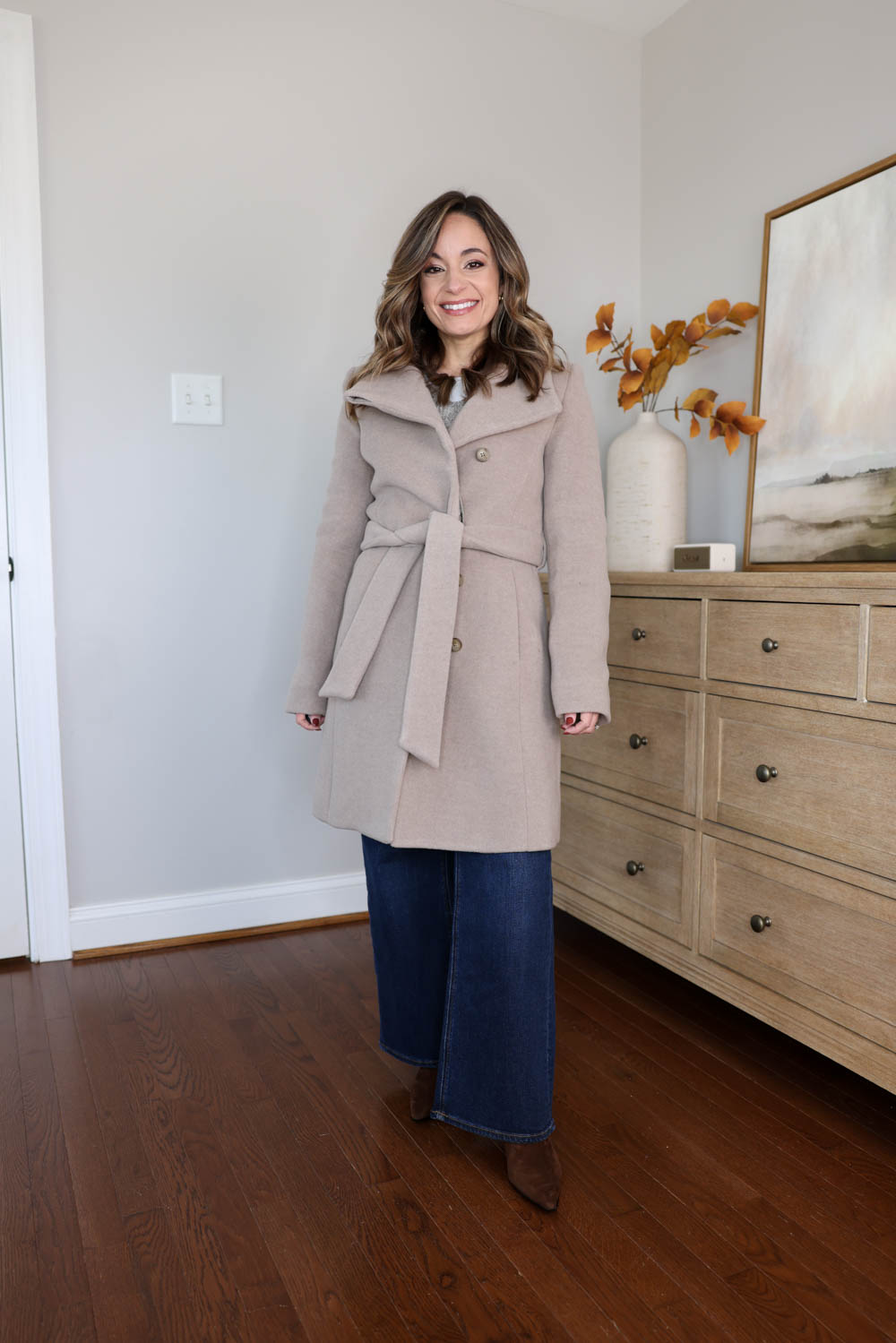 Brooke of Pumps and Push-Ups wearing the Aritzia Connor Coat — a soft wool-blend wrap coat in the short length, true to size with a cozy fit and rated to 14°F, styled for petite winter outfits.