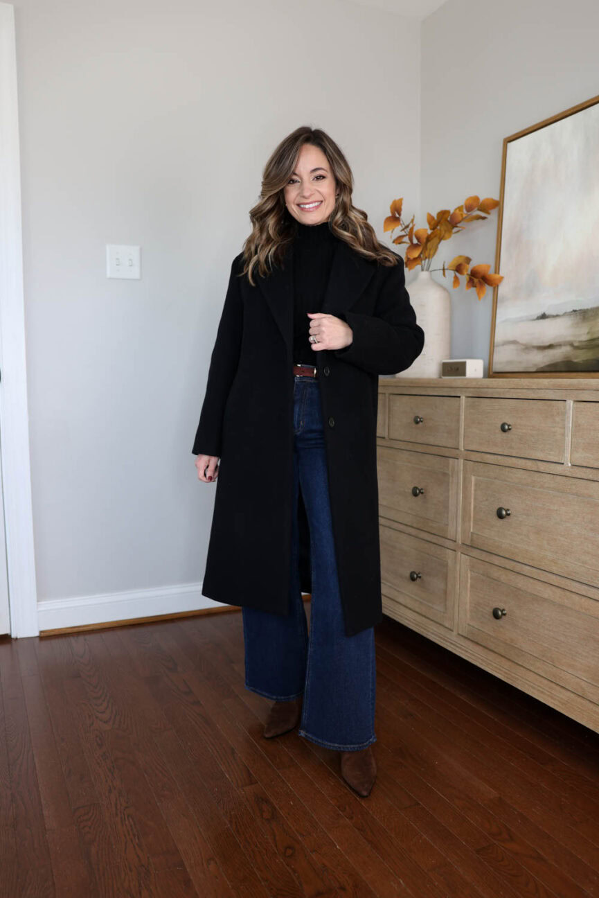 Brooke of Pumps and Push-Ups wearing The Only Coat from Aritzia — a petite-friendly wool coat in the short length, warm to –4°F with a relaxed modern fit and soft, cozy feel.