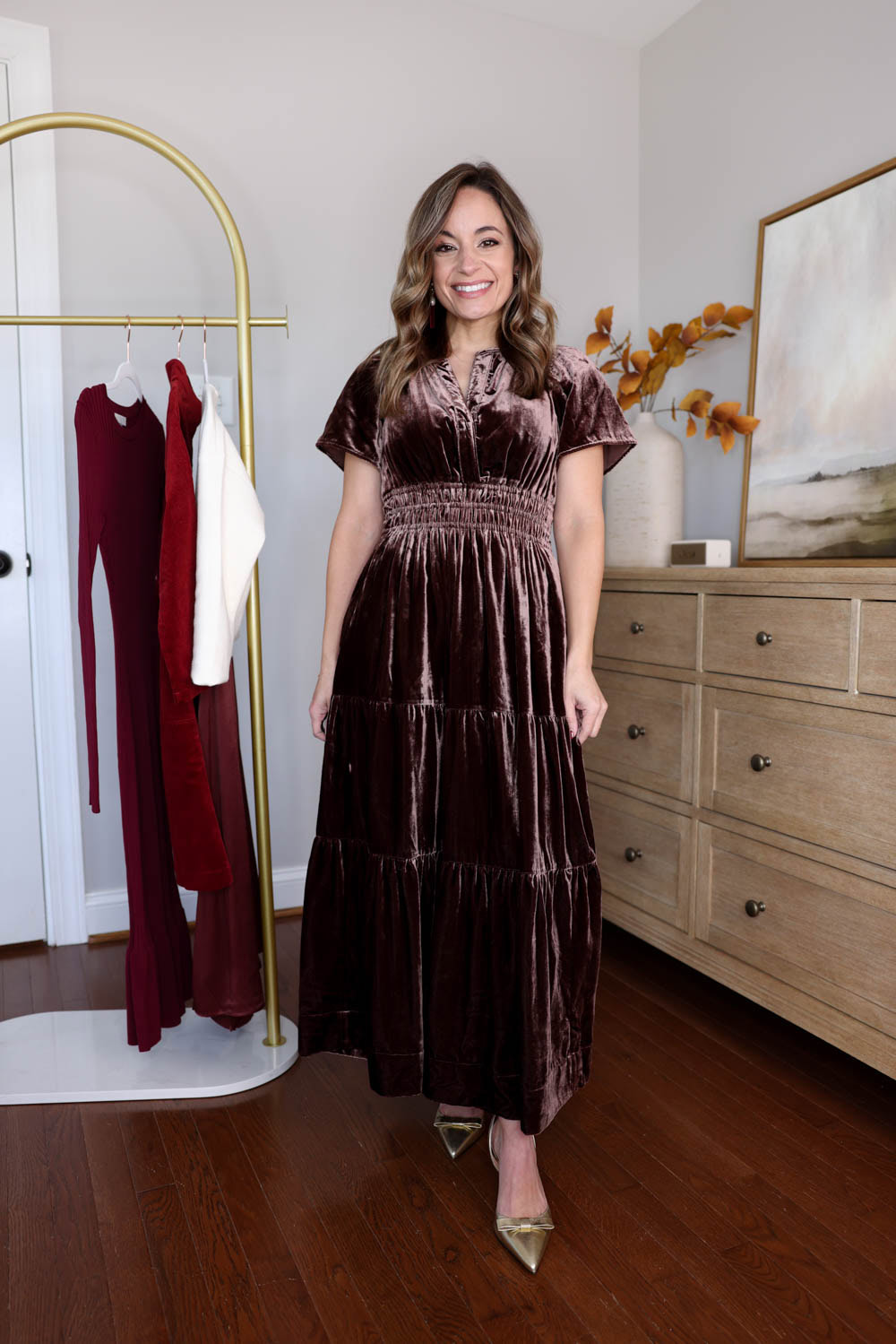 Brooke of Pumps and Push-Ups wearing the Anthropologie Somerset Dress in Petite XXS — a velvet petite-friendly fall dress with a flattering waist and clasp front, styled for Thanksgiving and family gatherings.
