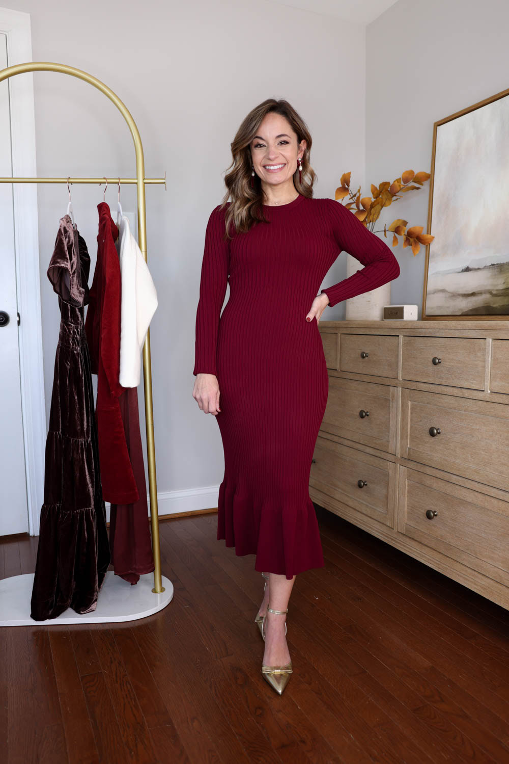 Brooke of Pumps and Push-Ups wearing the J.Crew Ribbed Sweater Dress in XXS — a fitted, stretchy fall dress styled with cuffed sleeves, perfect for Thanksgiving and holiday gatherings.