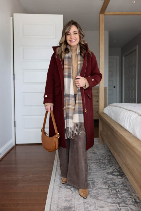 Brooke of Pumps and Push-Ups wearing Gap Stride Wide-Leg Corduroy Pants in a petite-friendly 28" inseam paired with camel sweater and ankle boots — cozy fall Thanksgiving outfit for petites.