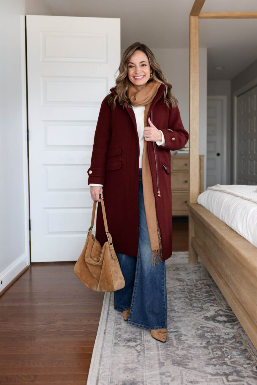 Petite-friendly fall and winter outfit with a long burgundy coat. The Toscana coat on petite style blogger Brooke of Pumps and Push-Ups