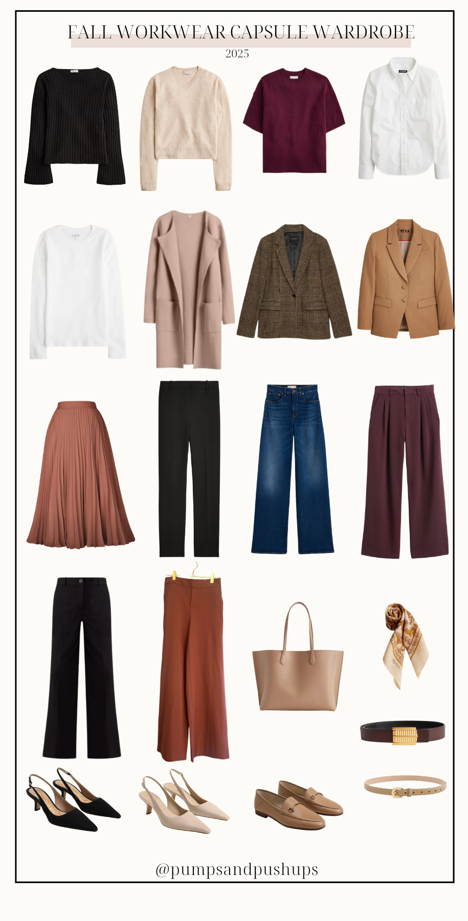 Fall 2025 petite workwear capsule wardrobe featuring 21 pieces styled by Brooke of Pumps and Push-Ups — classic blazers, wide-leg pants, and neutral layers for petite women.