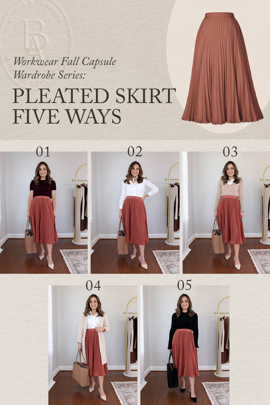 Five ways to wear a pleated skirt to work | outfits from the petite-friendly fall capsule workwear wardrobe