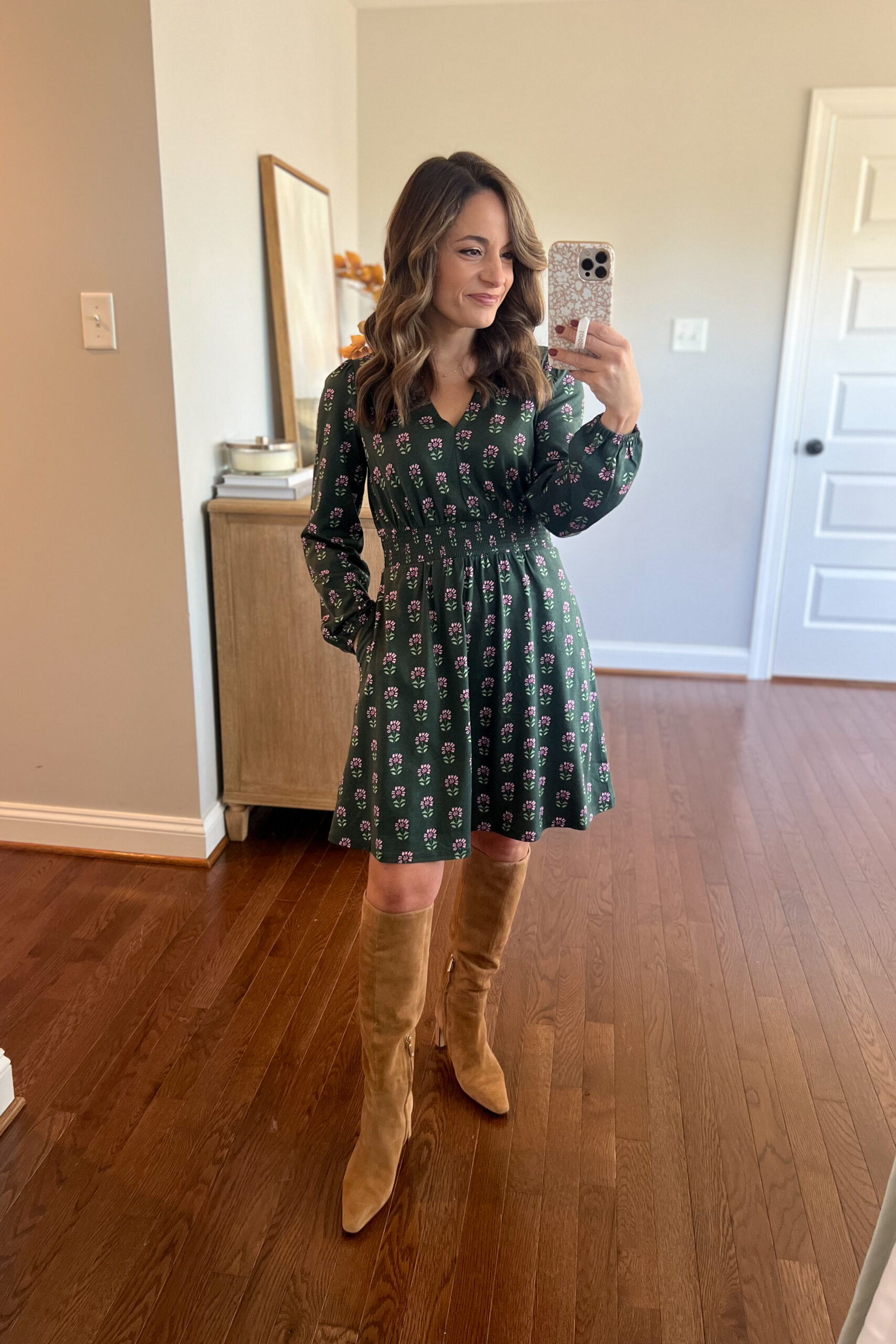 Brooke of Pumps and Push-Ups wearing the Boden Sarah Dress in Petite 0 — a petite-friendly Tencel and cotton blend fall dress with an above-the-knee fit and V-neckline, styled for Thanksgiving.