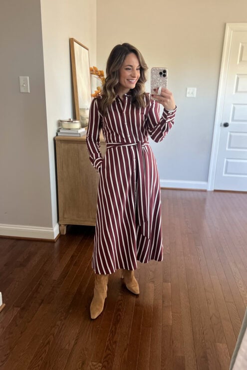 Brooke of Pumps and Push-Ups wearing the Boden Marcia Shirt Dress in Petite 0 — a striped petite-friendly shirt dress with a tailored waist and comfortable stretch, styled for Thanksgiving.