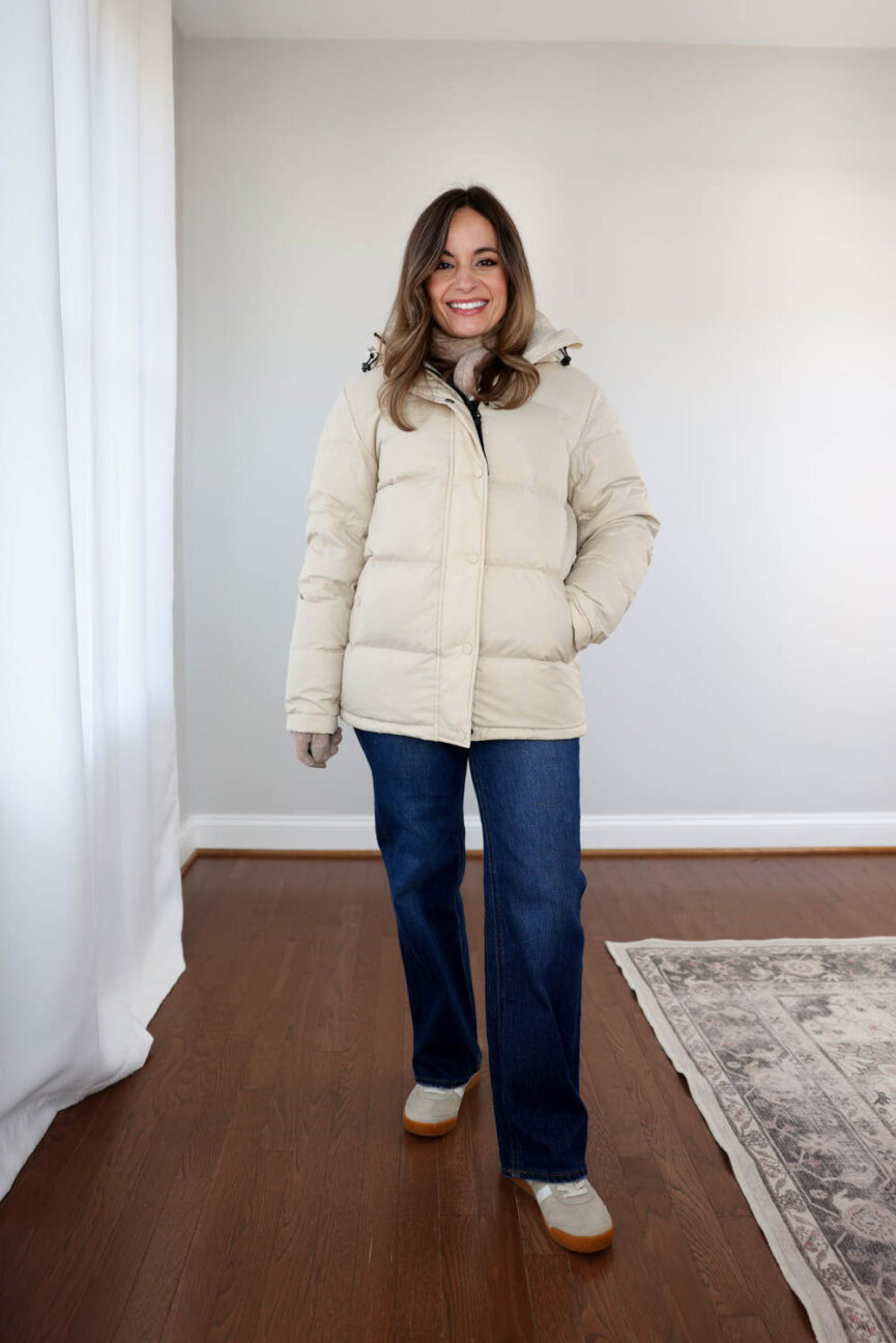 Quince Responsible Down Coat on petite style blogger Brooke of Pumps and Push-Ups | aritzia vs quince puffer