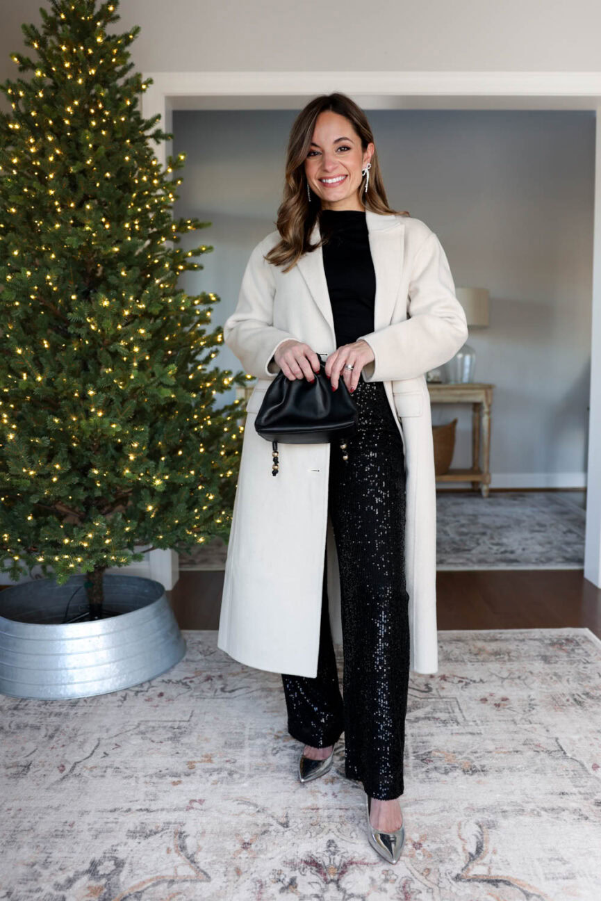 Petite holiday outfit styled by Brooke of Pumps and Push-Ups with ivory Chiara Coat and metallic pumps.