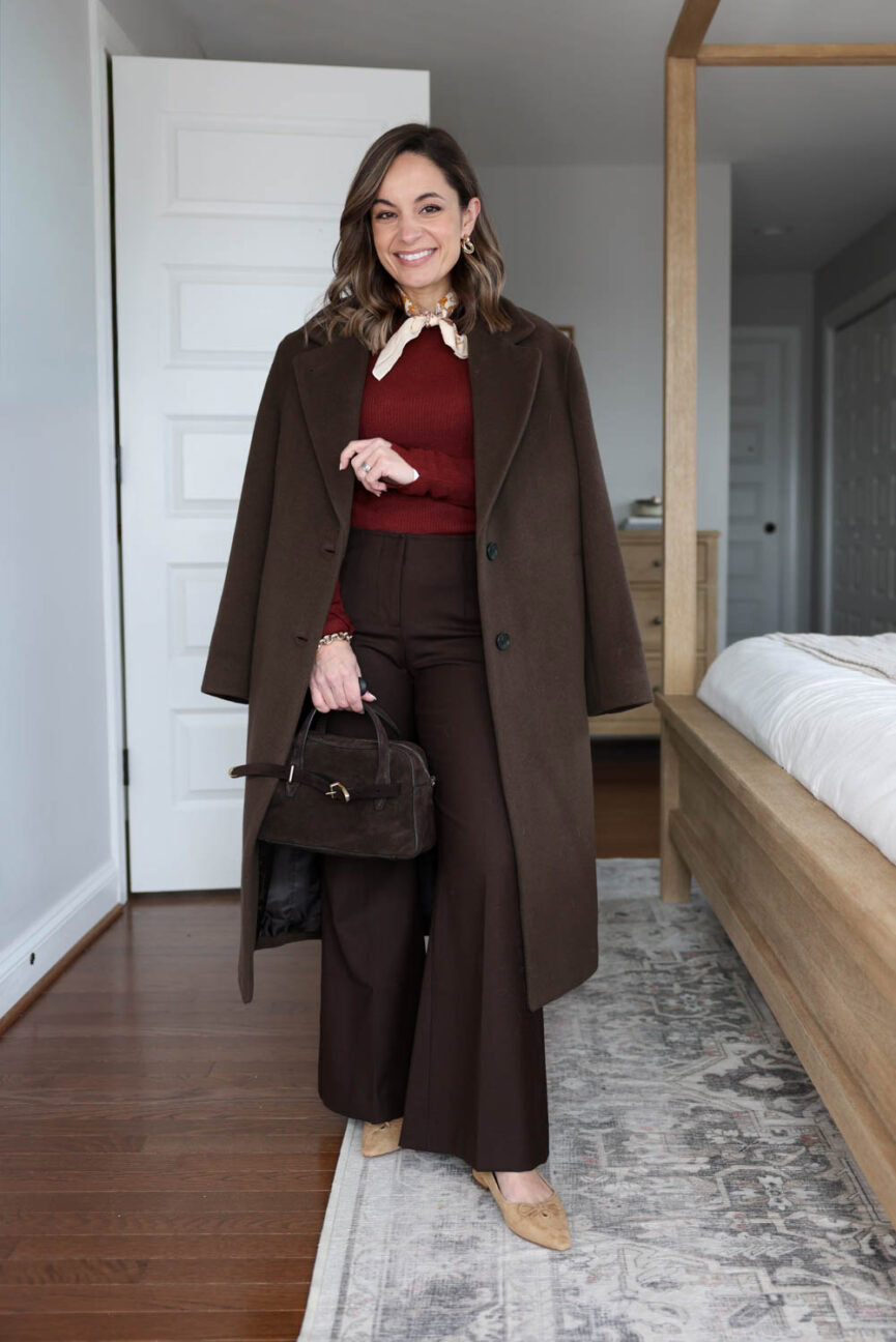 A petite-friendly outfit for work with burgundy and chocolate brown | petite friendly winter workwear