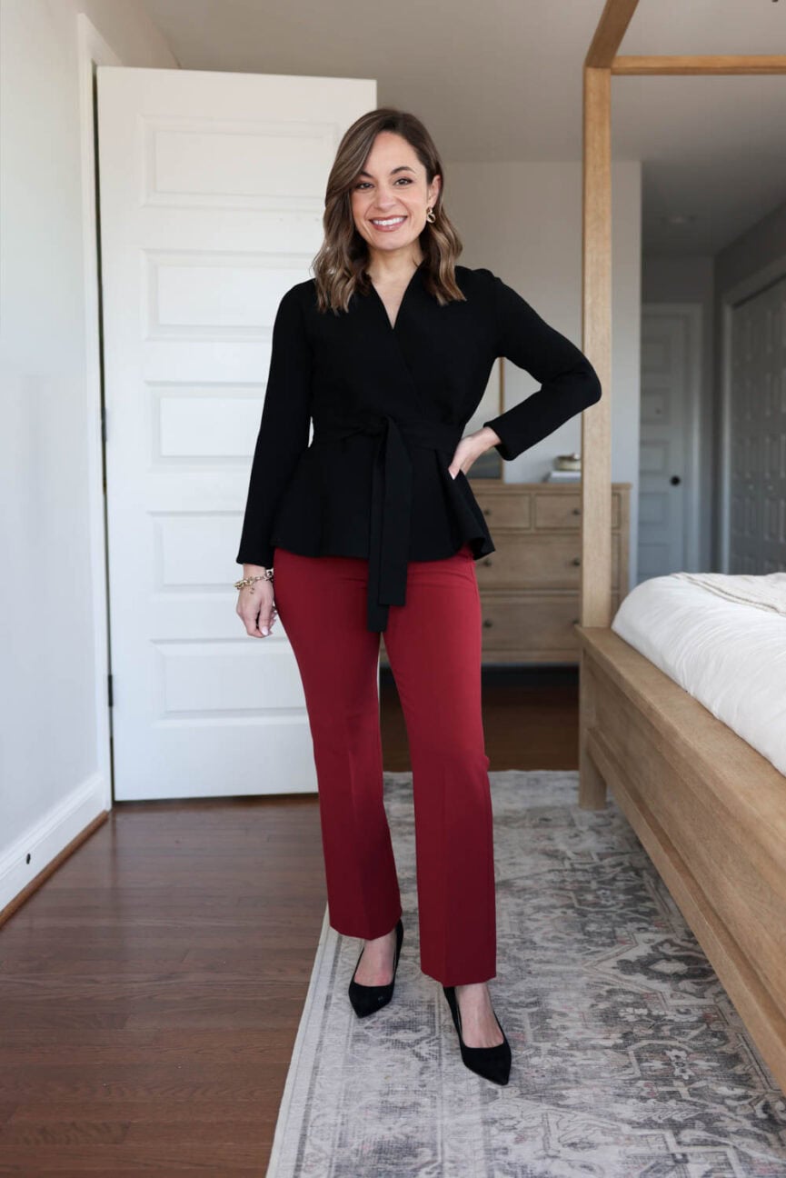 Slim pants for petites via pumps and push-ups blog | petite-friendly workwear | cropped flare pants for petites 