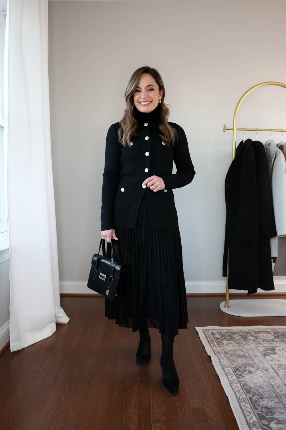 One top, styled with three bottoms for winter workwear | polished winter outfits | pleated skirt outfits | winter outfits | petite fashion