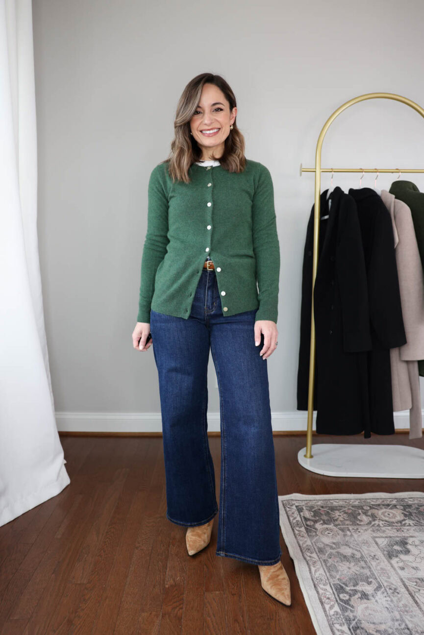 My top five petite-friendly sweaters from Quince | cashmere sweaters | winter outfit with a cardigan and wide leg jeans