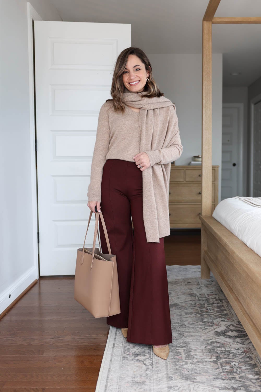 Petite-friendly winter outfit for work with an oatmeal sweater, scarf and burgundy pull on pants | petite-friendly workwear | winter workwear 