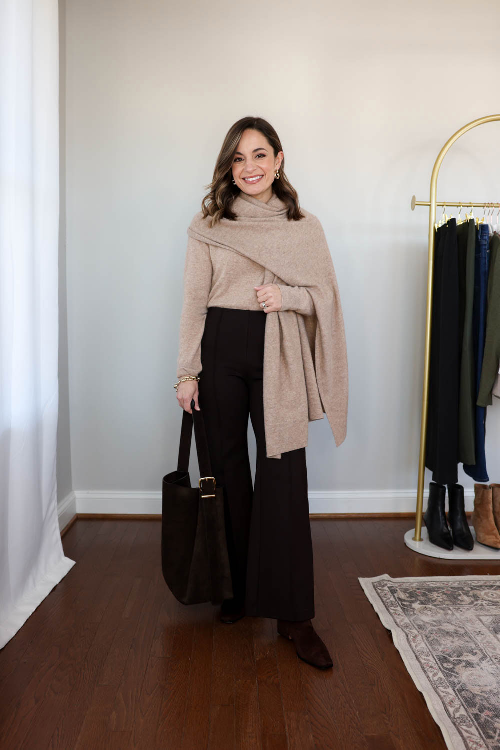 Petite workwear outfit idea with brown pants styled for winter | 2026 winter workwear capsule wardrobe for petites 
