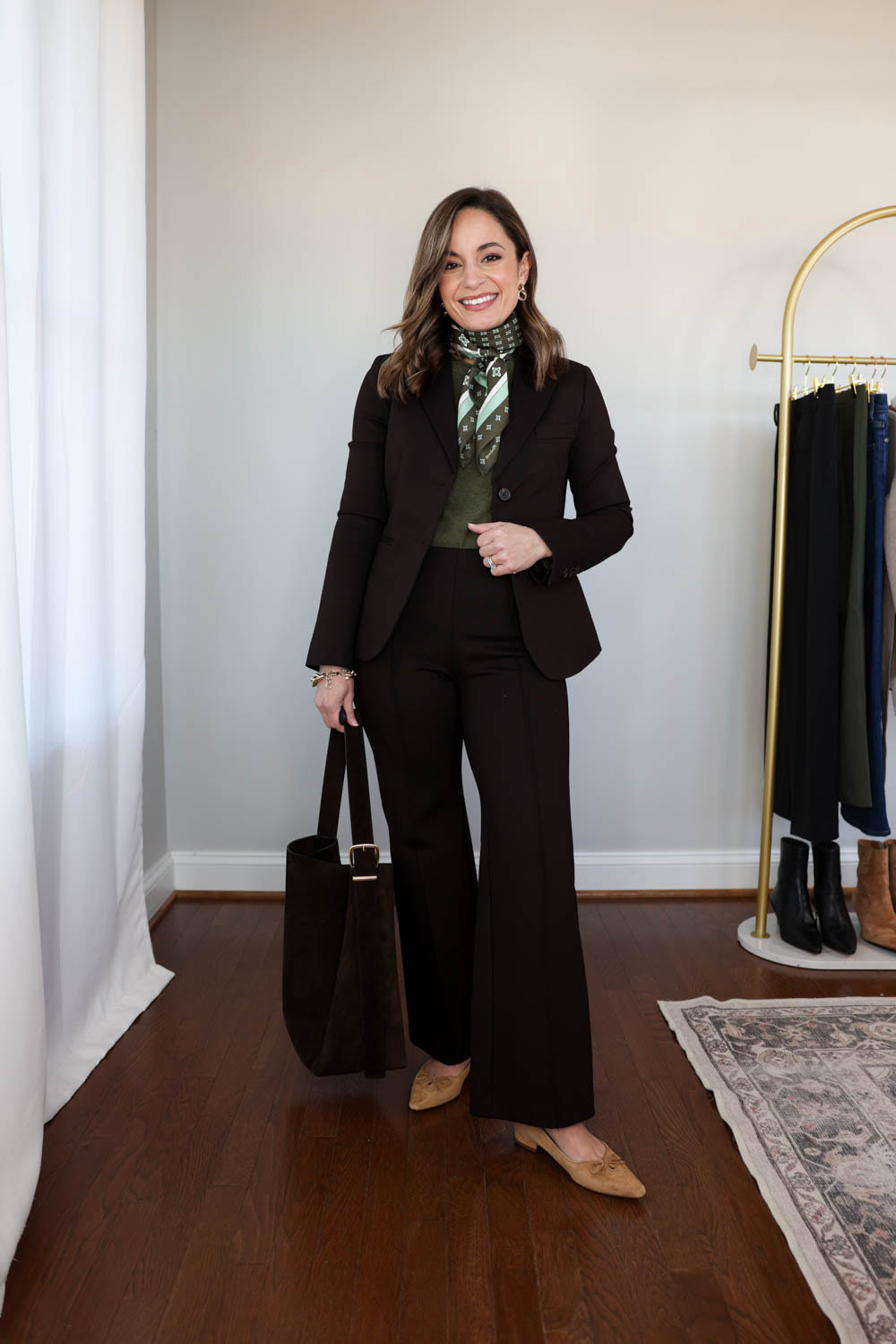 Petite workwear outfit idea with brown pants styled for winter | 2026 winter workwear capsule wardrobe for petites 