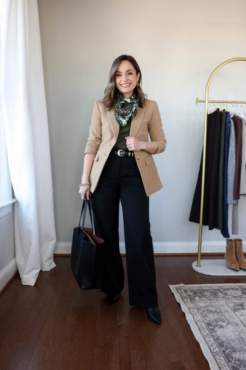 Slim wide-leg pants styled six ways for winter | 2026 winter workwear capsule wardrobe via pumps and push-ups petite style blog