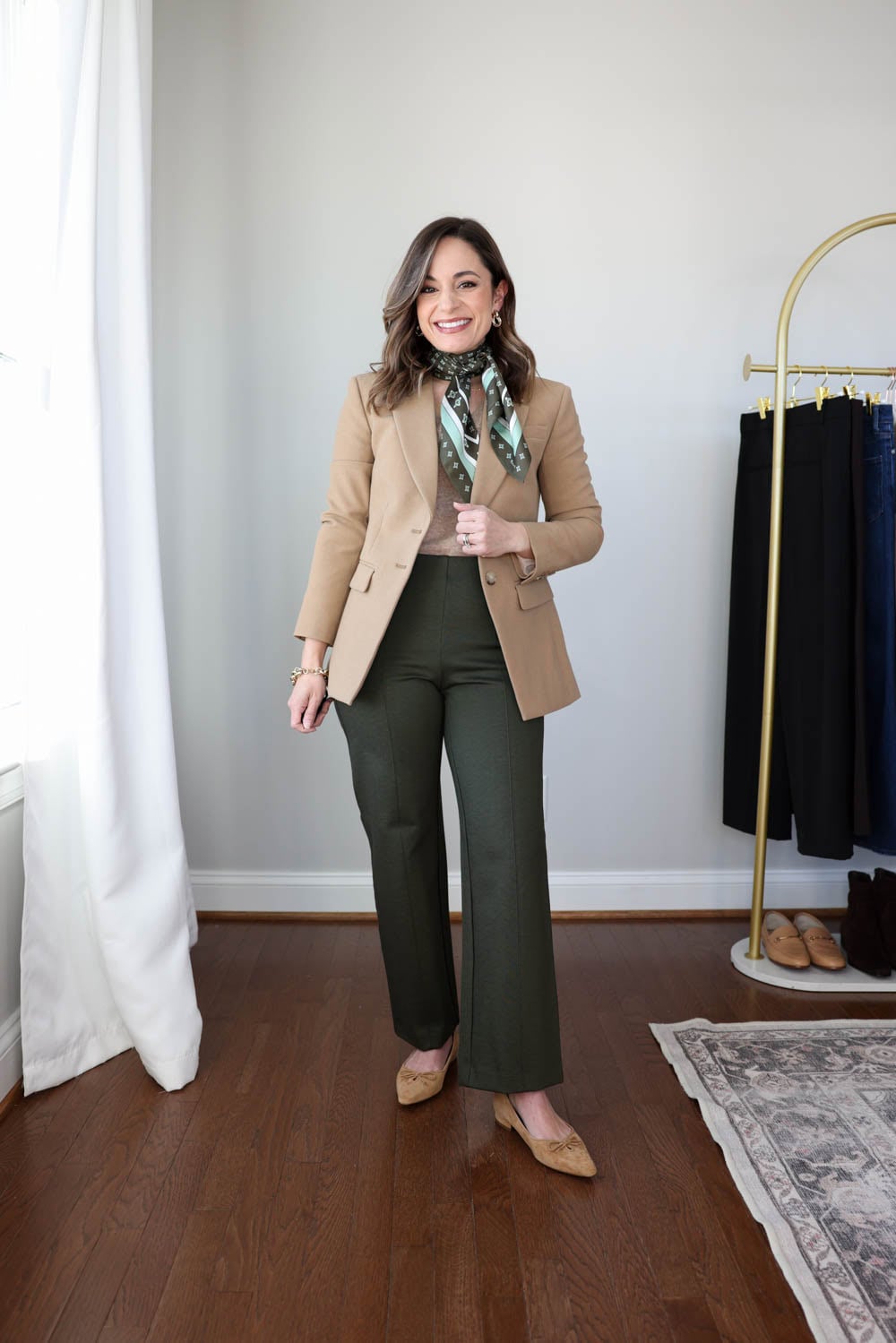 Olive green pants styled ten ways for winter workwear. Petite-friendly outfits with flats and boots, part of a 2026 winter workwear capsule.