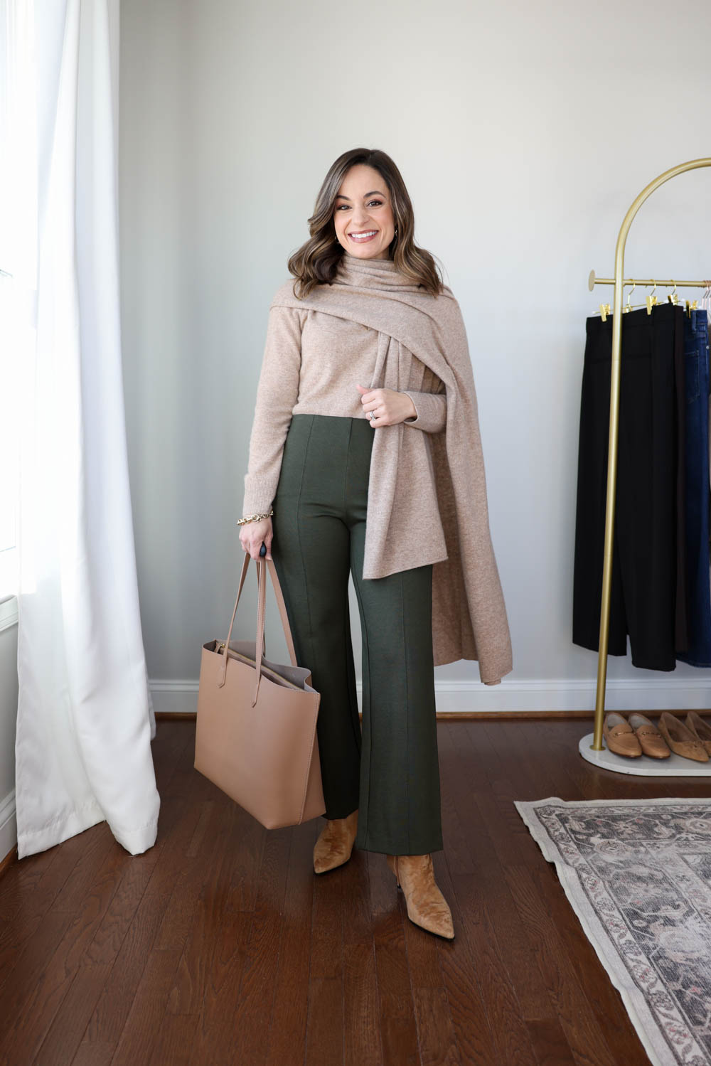 Olive green pants styled ten ways for winter workwear. Petite-friendly outfits with flats and boots, part of a 2026 winter workwear capsule.