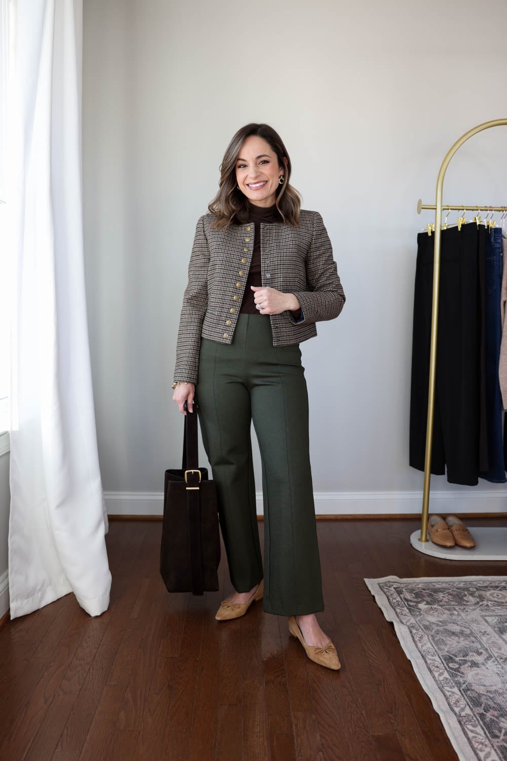 Olive green pants styled ten ways for winter workwear. Petite-friendly outfits with flats and boots, part of a 2026 winter workwear capsule.