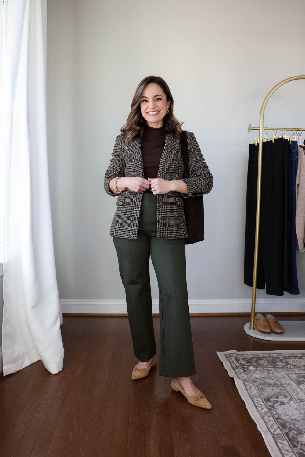 Olive green pants styled ten ways for winter workwear. Petite-friendly outfits with flats and boots, part of a 2026 winter workwear capsule.