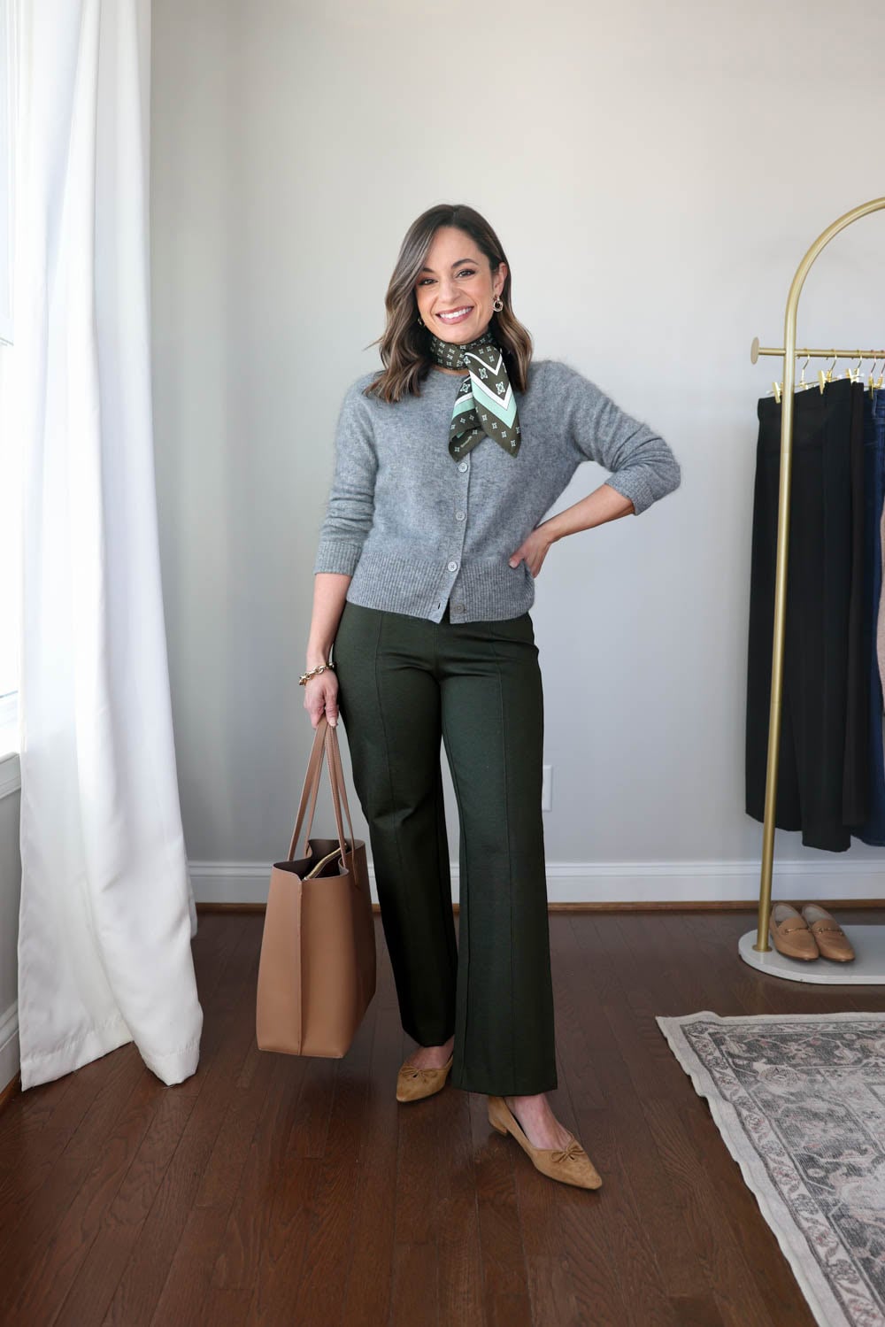 Olive green pants styled ten ways for winter workwear. Petite-friendly outfits with flats and boots, part of a 2026 winter workwear capsule.