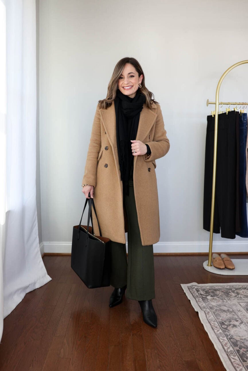 Olive green pants styled ten ways for winter workwear. Petite-friendly outfits with flats and boots, part of a 2026 winter workwear capsule.