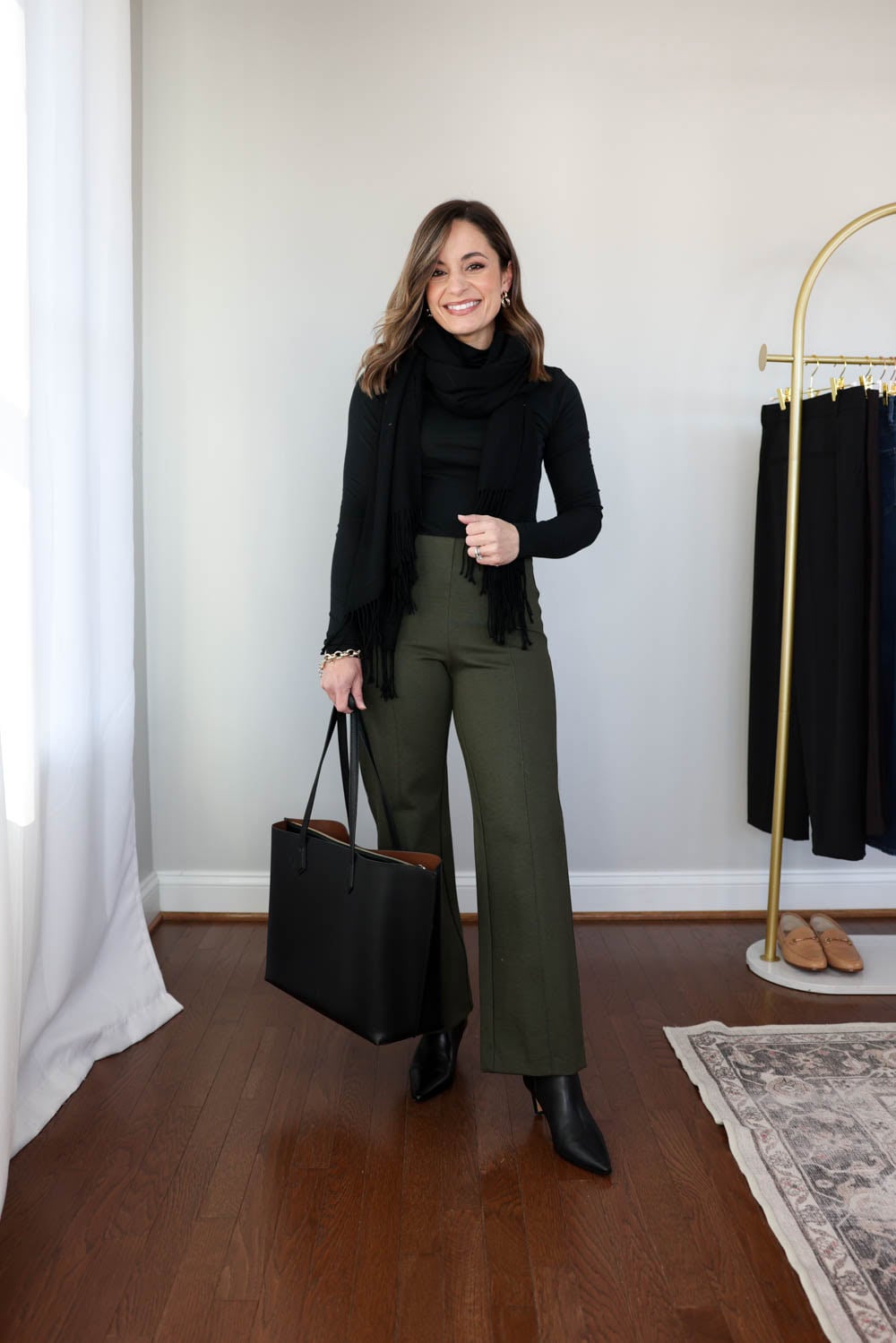 Olive green pants styled ten ways for winter workwear. Petite-friendly outfits with flats and boots, part of a 2026 winter workwear capsule.