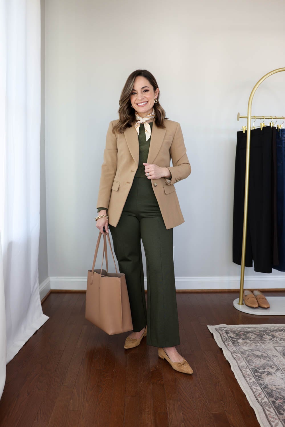 Olive green pants styled ten ways for winter workwear. Petite-friendly outfits with flats and boots, part of a 2026 winter workwear capsule.