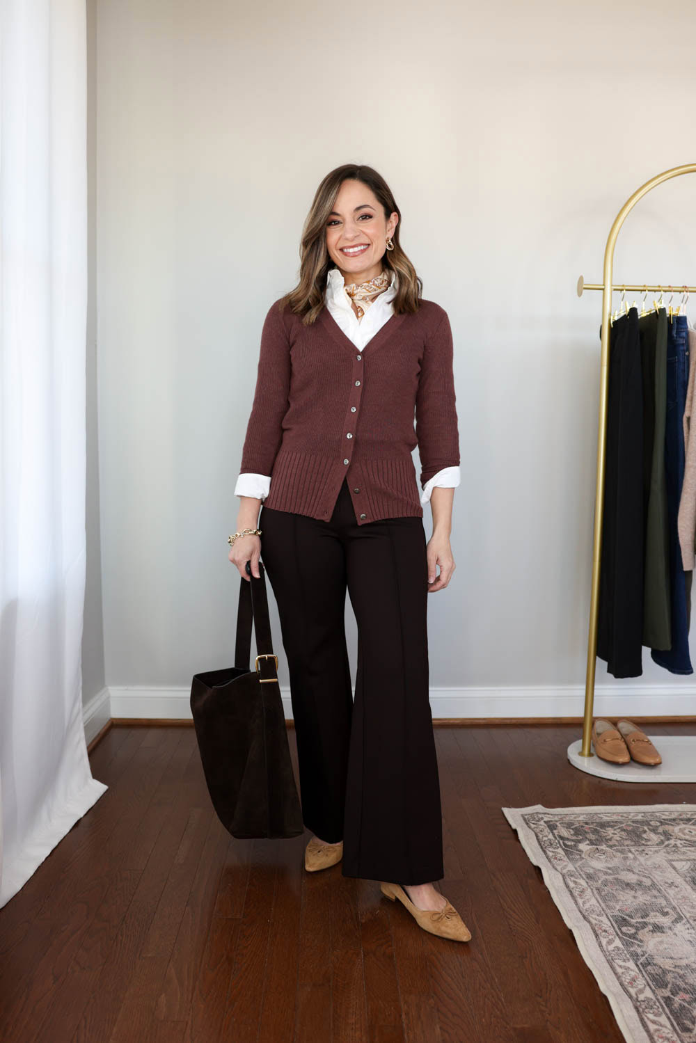 Petite workwear outfit idea with brown pants styled for winter | 2026 winter workwear capsule wardrobe for petites 