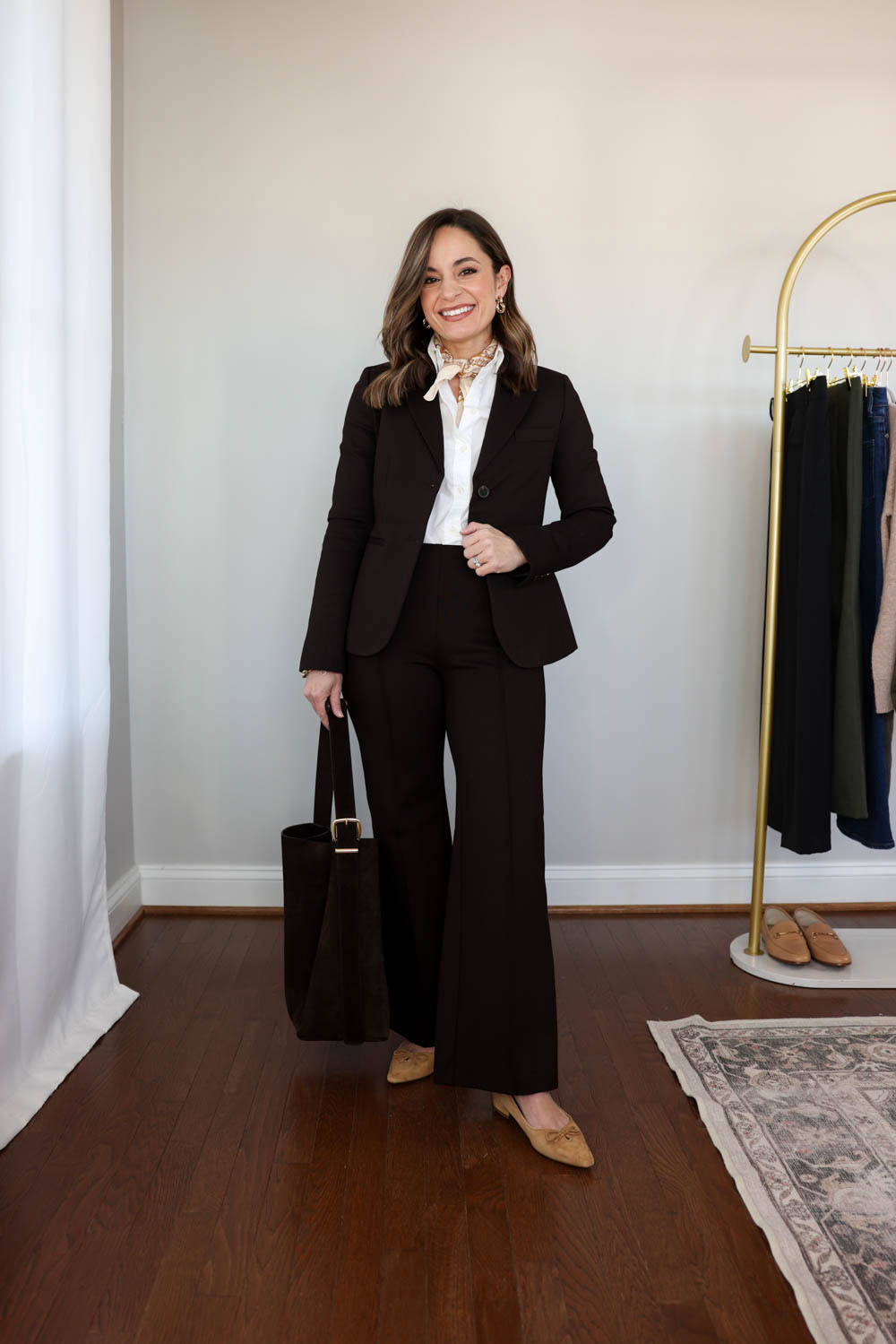 Petite workwear outfit idea with brown pants styled for winter | 2026 winter workwear capsule wardrobe for petites 