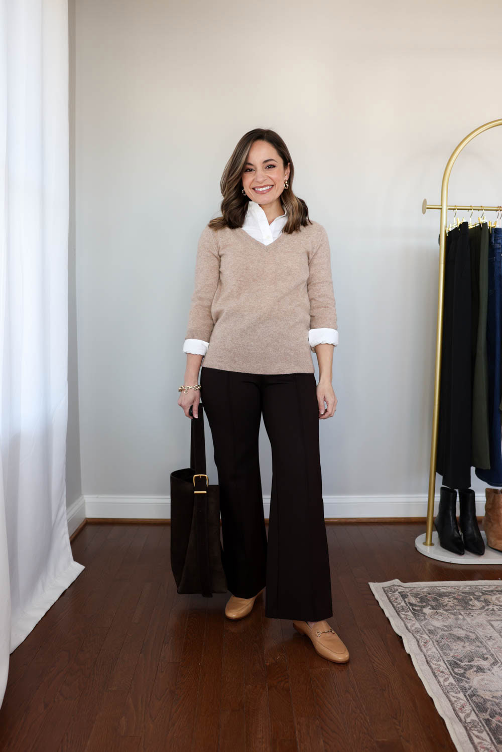 Petite workwear outfit idea with brown pants styled for winter | 2026 winter workwear capsule wardrobe for petites