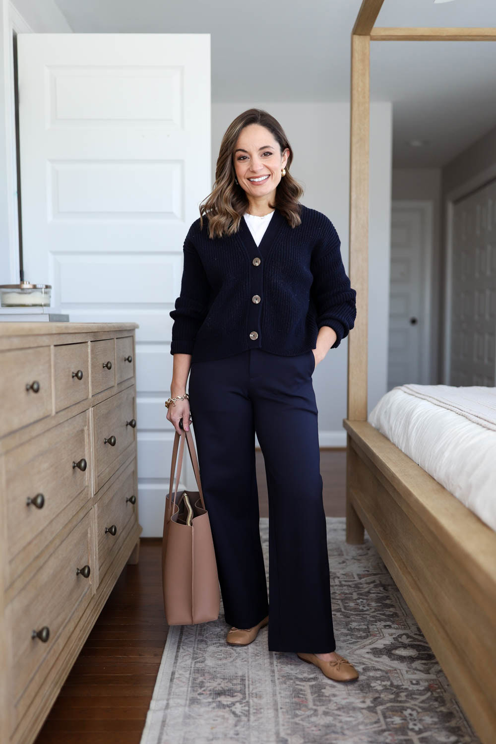 Petite-friendly outfit for work with wide leg navy pants and an organic cotton cardigan | petite friendly outfits for work 