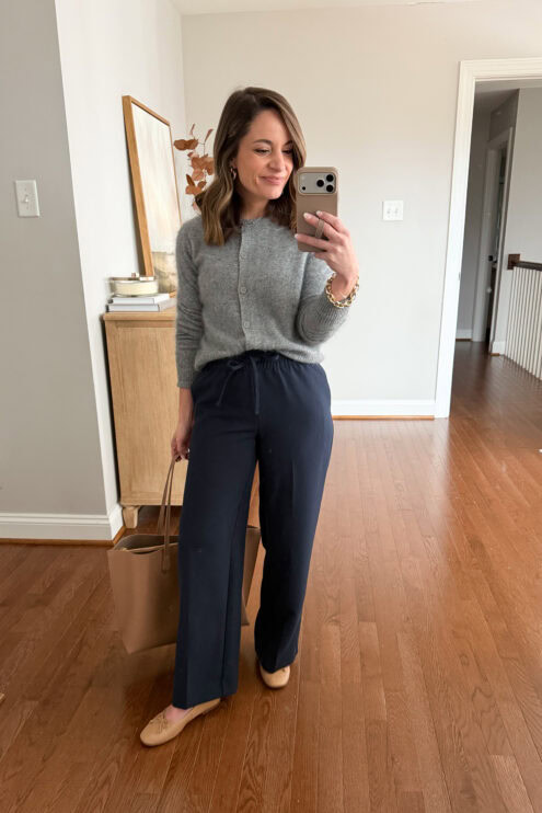 Drawstring pants styled with a cashmere cardigan via petite style blog pumps and push-ups | petite-friendly drawstring pants | petite fashion