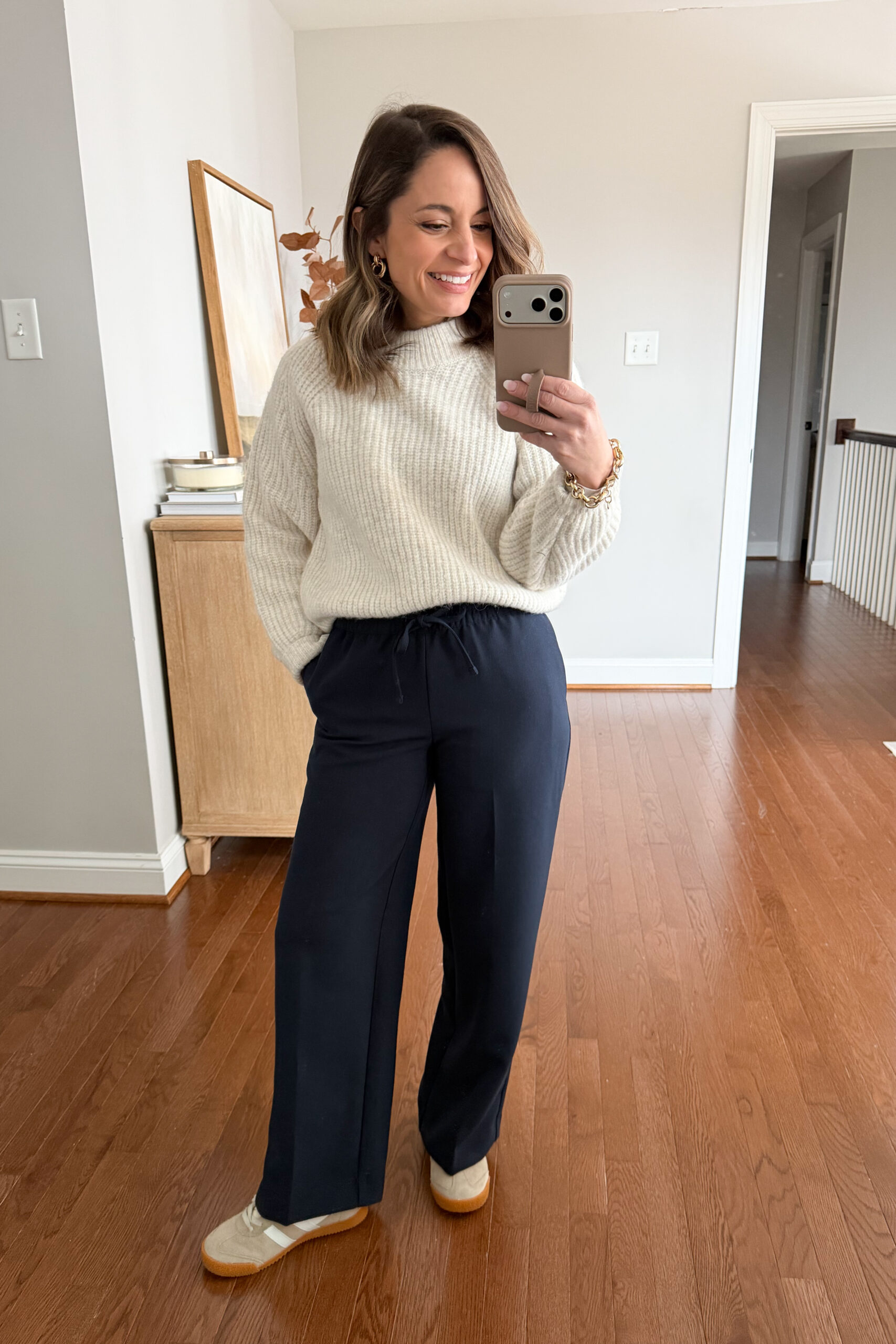 Petite-friendly drawstring pants styled with a sweater and sneakers via petite style blog pumps and push-ups | lodge pants alternatives | petite friendly pants